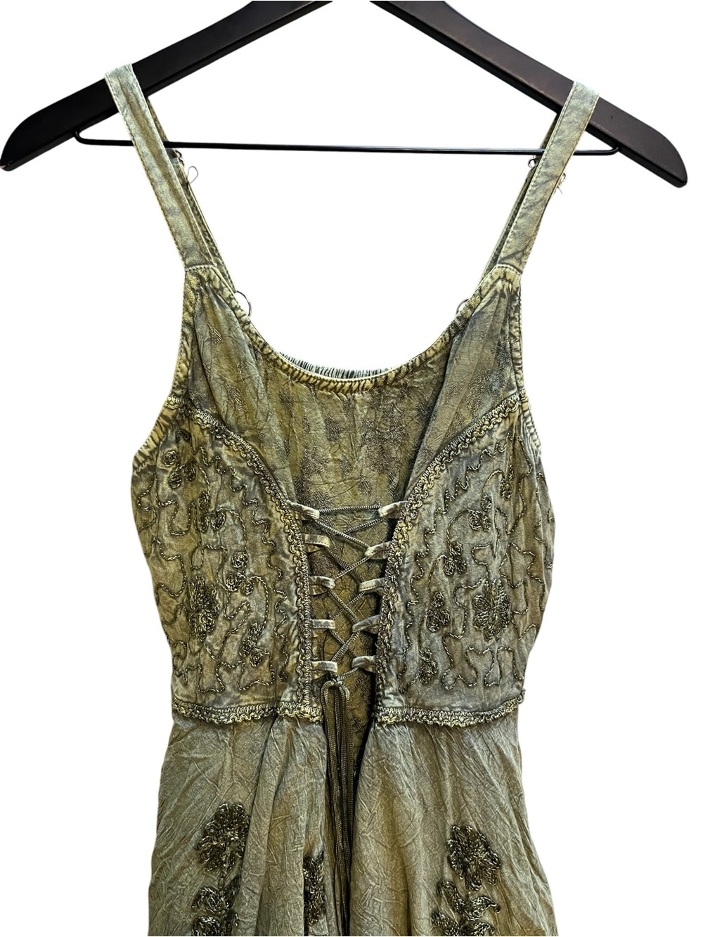 Fairycore Olive Green Lace-Up Handkerchief Hem Dress one size - Picture 2 of 15